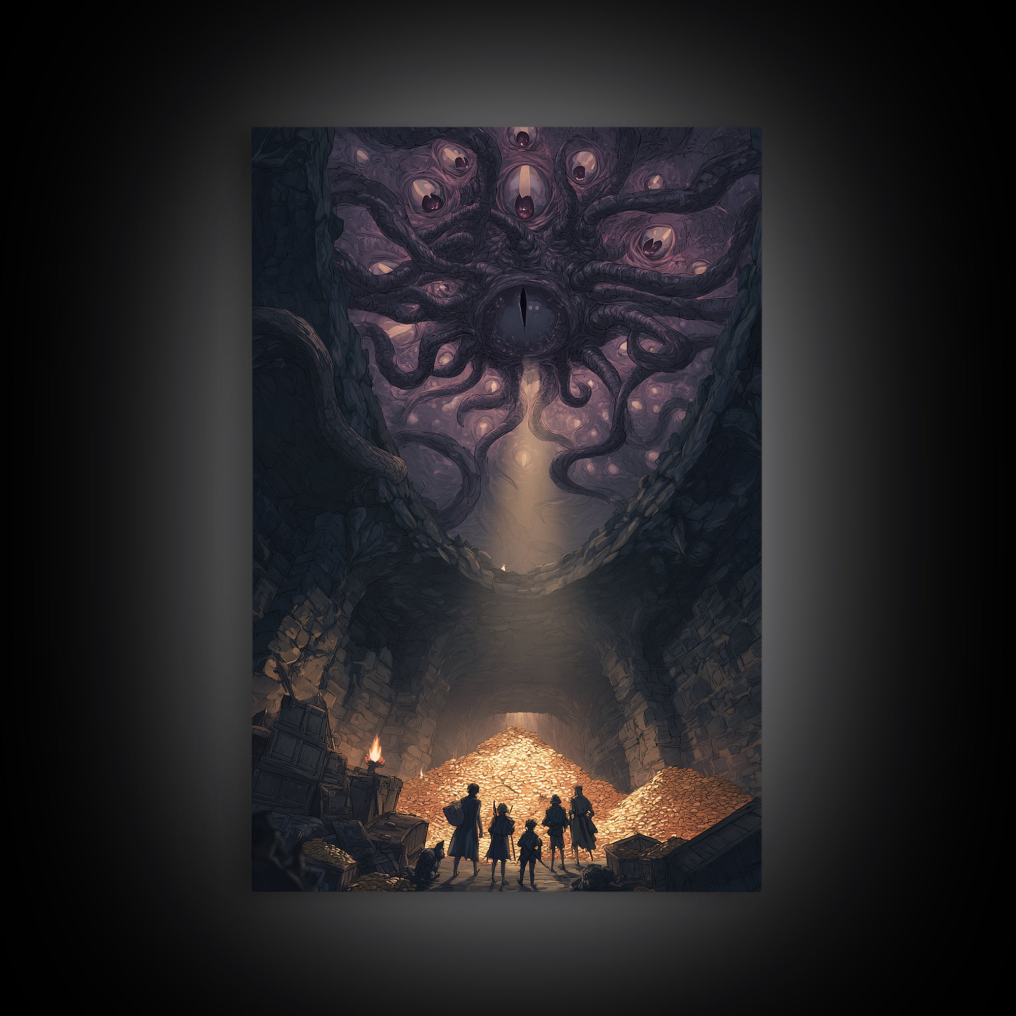 Eldritch Many Eyed Monster Framed Canvas Print, Dark Fantasy Cave Treasure Wall Decor, Gothic Horror Art For Game Room Gift