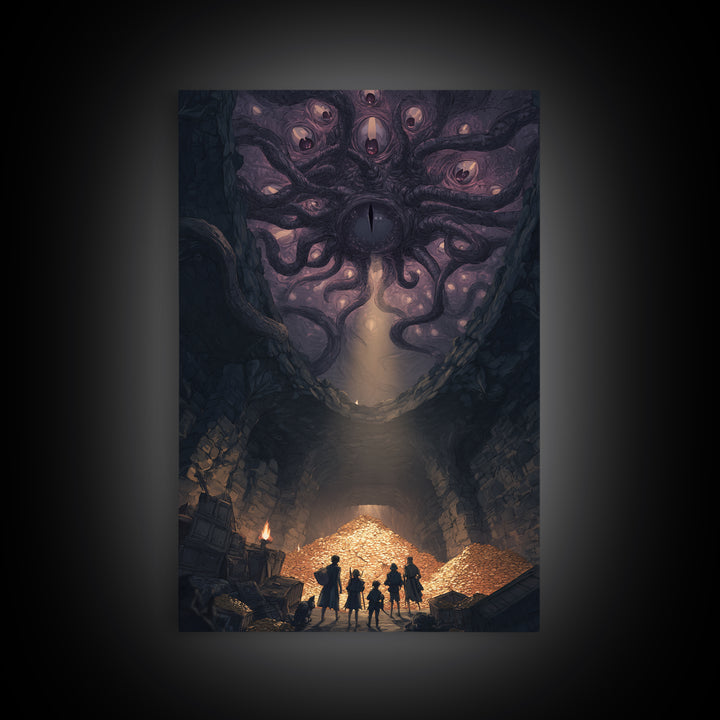 Eldritch Many Eyed Monster Framed Canvas Print, Dark Fantasy Cave Treasure Wall Decor, Gothic Horror Art For Game Room Gift