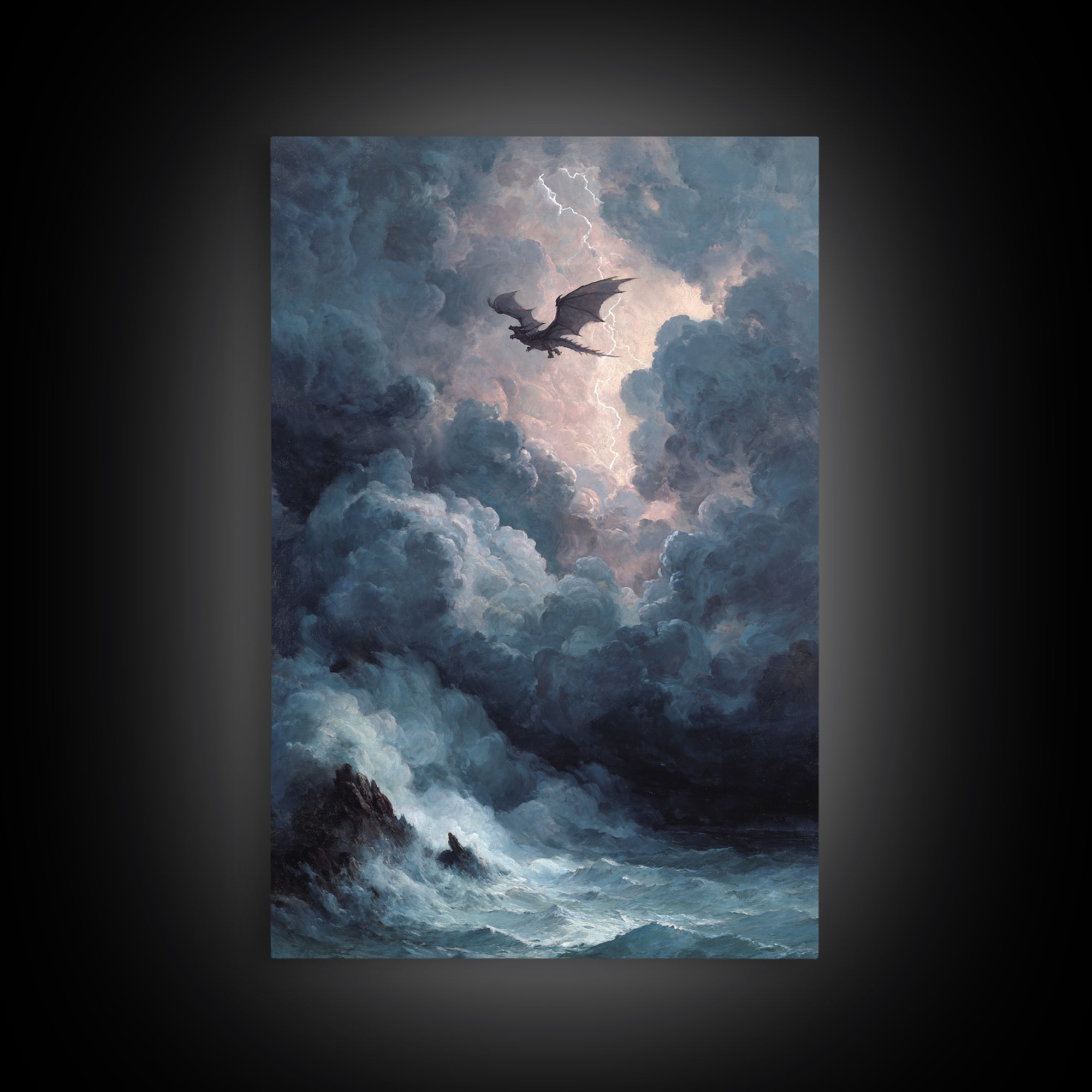 Storm Dragon Over Dark Ocean Wall Art, Gothic Fantasy Canvas Print, Moody Seascape Decor, Lightning Art Gift For Him, Large Print
