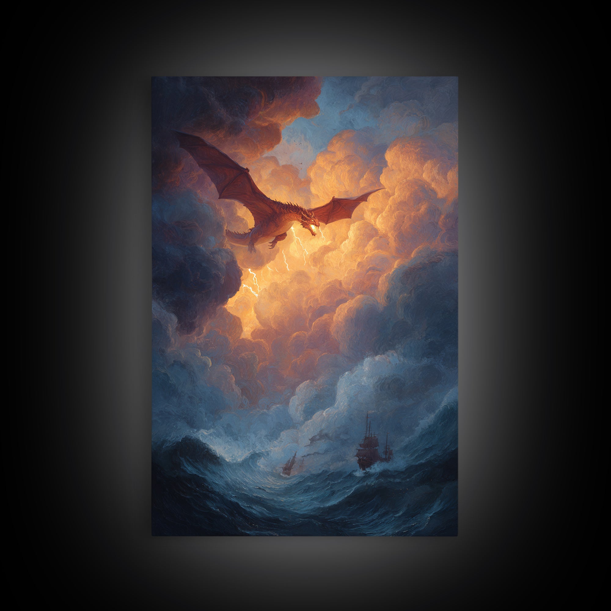 Golden Sky Dragon Above Stormy Sea Framed Canvas Print, Epic Fantasy Wall Art, Ocean Seascape Decor, Dragon Gift For Him