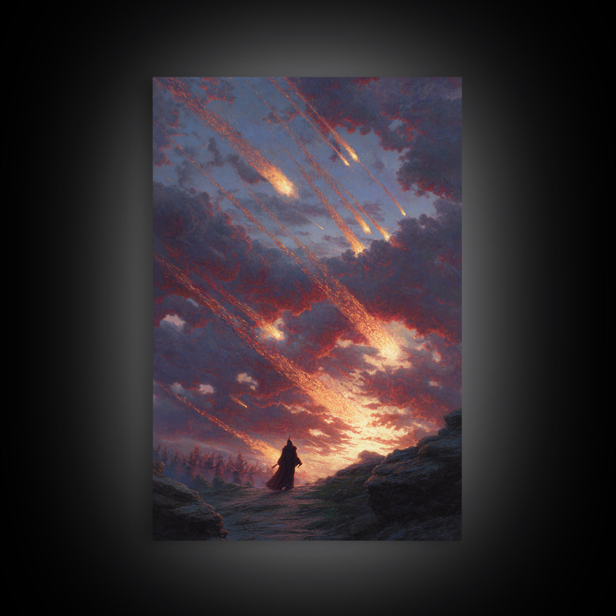 Falling Meteors Over Lone Traveler Wall Art, Apocalyptic Fantasy Canvas Print, Dark Landscape Decor, Dramatic Sky Art Gift