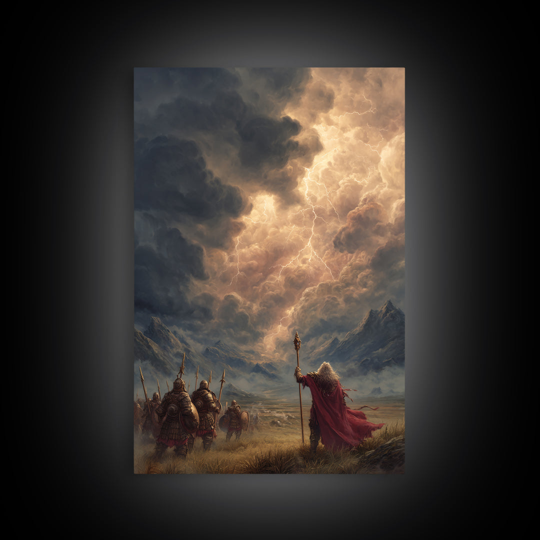 Warrior Army And Lightning Mage Framed Canvas Print, Epic Fantasy Wall Art, Mountain Landscape Decor, Viking Gift For Him