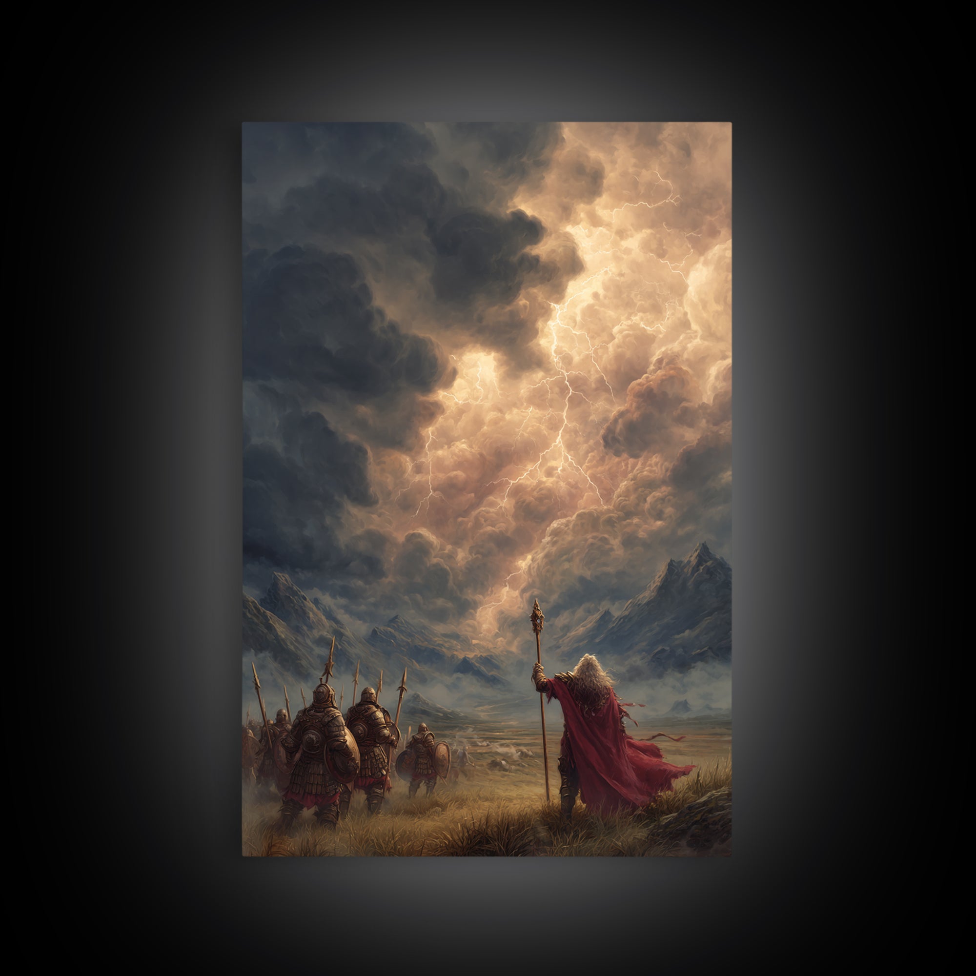 Warrior Army And Lightning Mage Framed Canvas Print, Epic Fantasy Wall Art, Mountain Landscape Decor, Viking Gift For Him