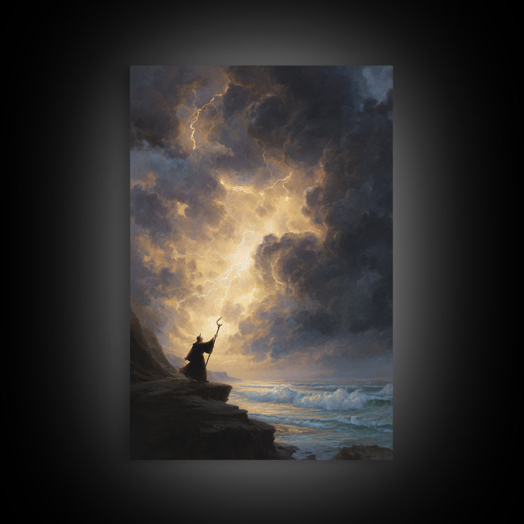 Storm Wizard On Sea Cliff Wall Art, Lightning Sky Canvas Print, Dark Fantasy Seascape Decor, Gothic Coastal Gift For Him