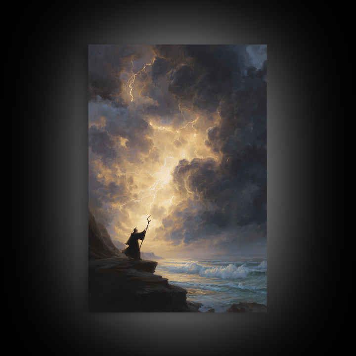Storm Wizard On Sea Cliff Wall Art, Lightning Sky Canvas Print, Dark Fantasy Seascape Decor, Gothic Coastal Gift For Him