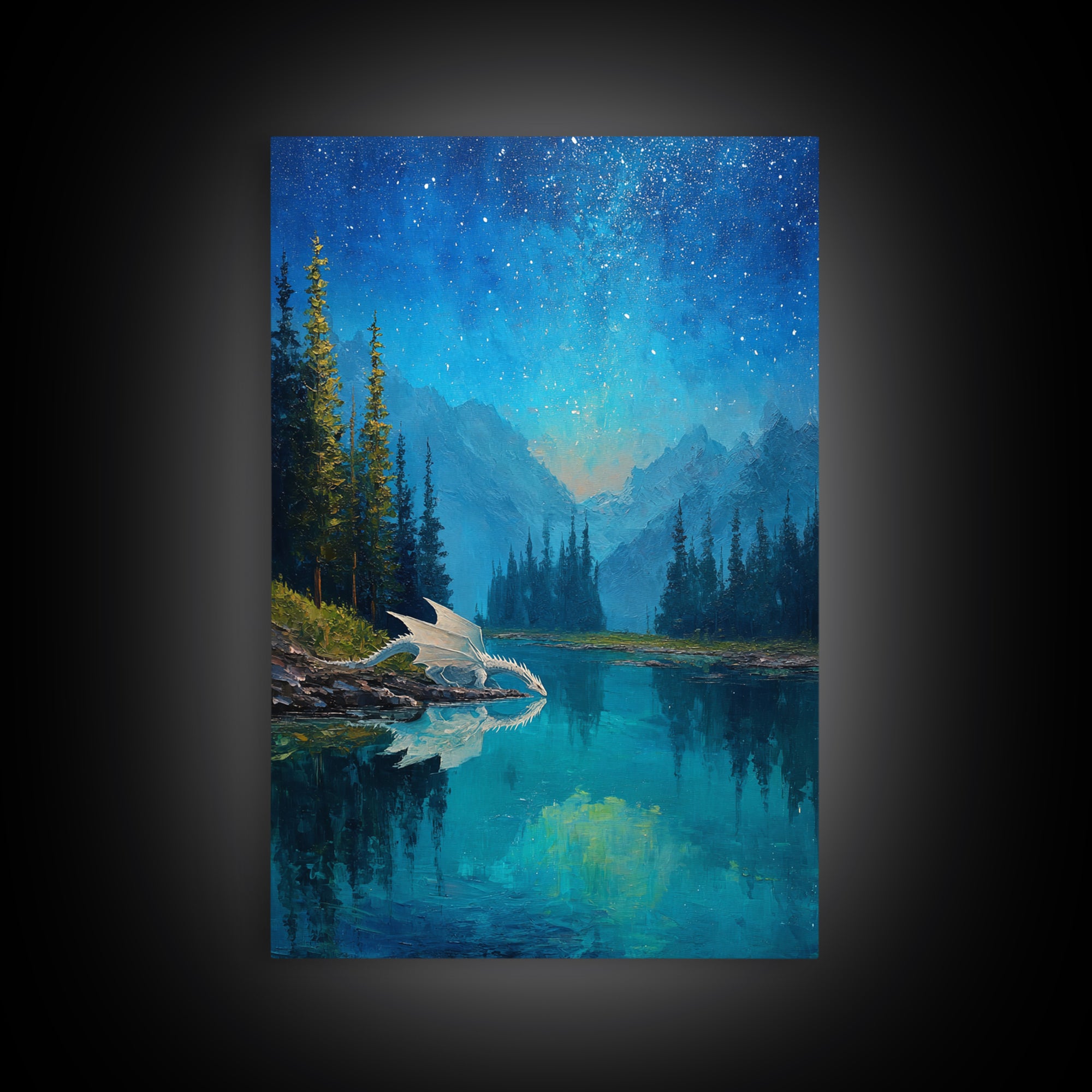 White Dragon Beside Starry Alpine Lake Wall Art, Fantasy Landscape Canvas Print, Blue Nature Decor, Dragon Nursery Gift For Kids