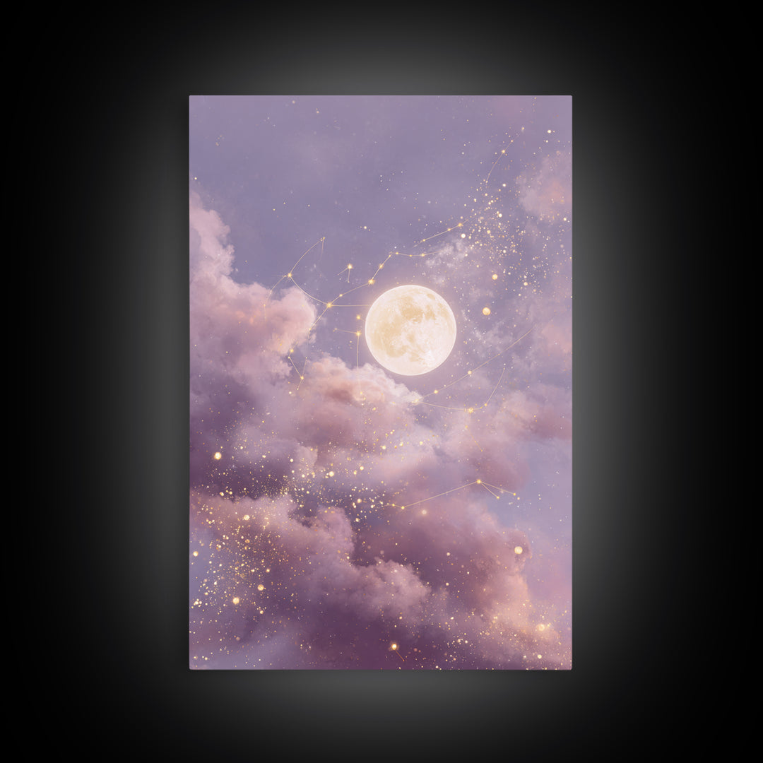 Glowing Moon And Star Cloud Wall Art, Lavender Celestial Canvas, Zodiac Constellation Decor, Dreamy Bedroom Print For Her