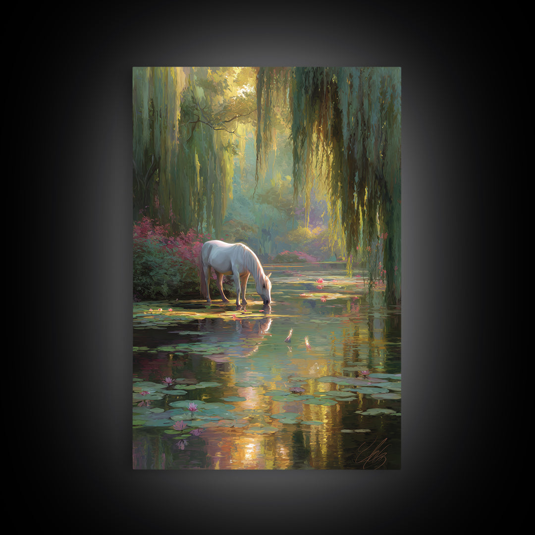 White Horse By Lily Pond Wall Art, Enchanted Forest Fantasy Canvas, Whimsical Nature Decor, Fairy Tale Living Room Art Print