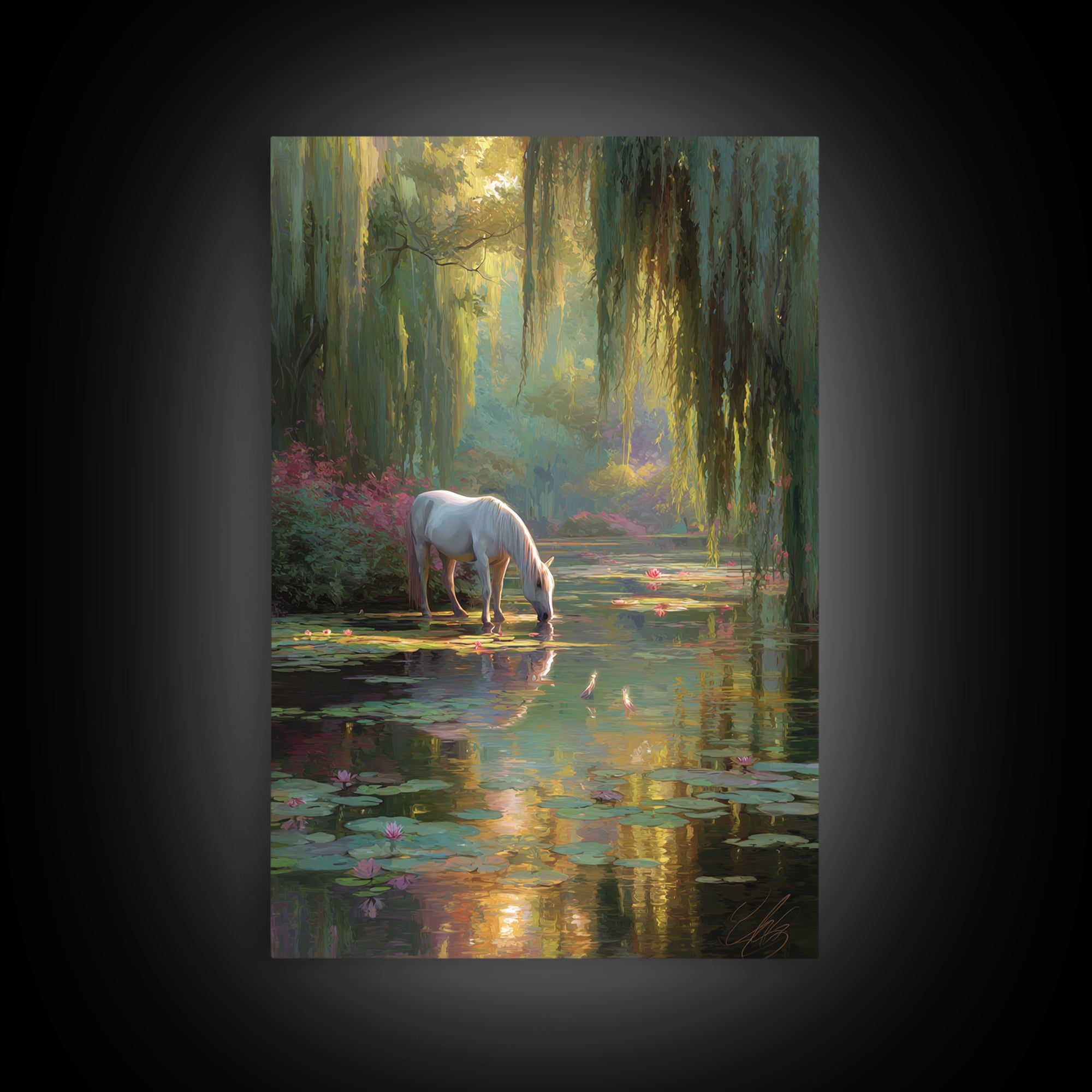 White Horse By Lily Pond Wall Art, Enchanted Forest Fantasy Canvas, Whimsical Nature Decor, Fairy Tale Living Room Art Print