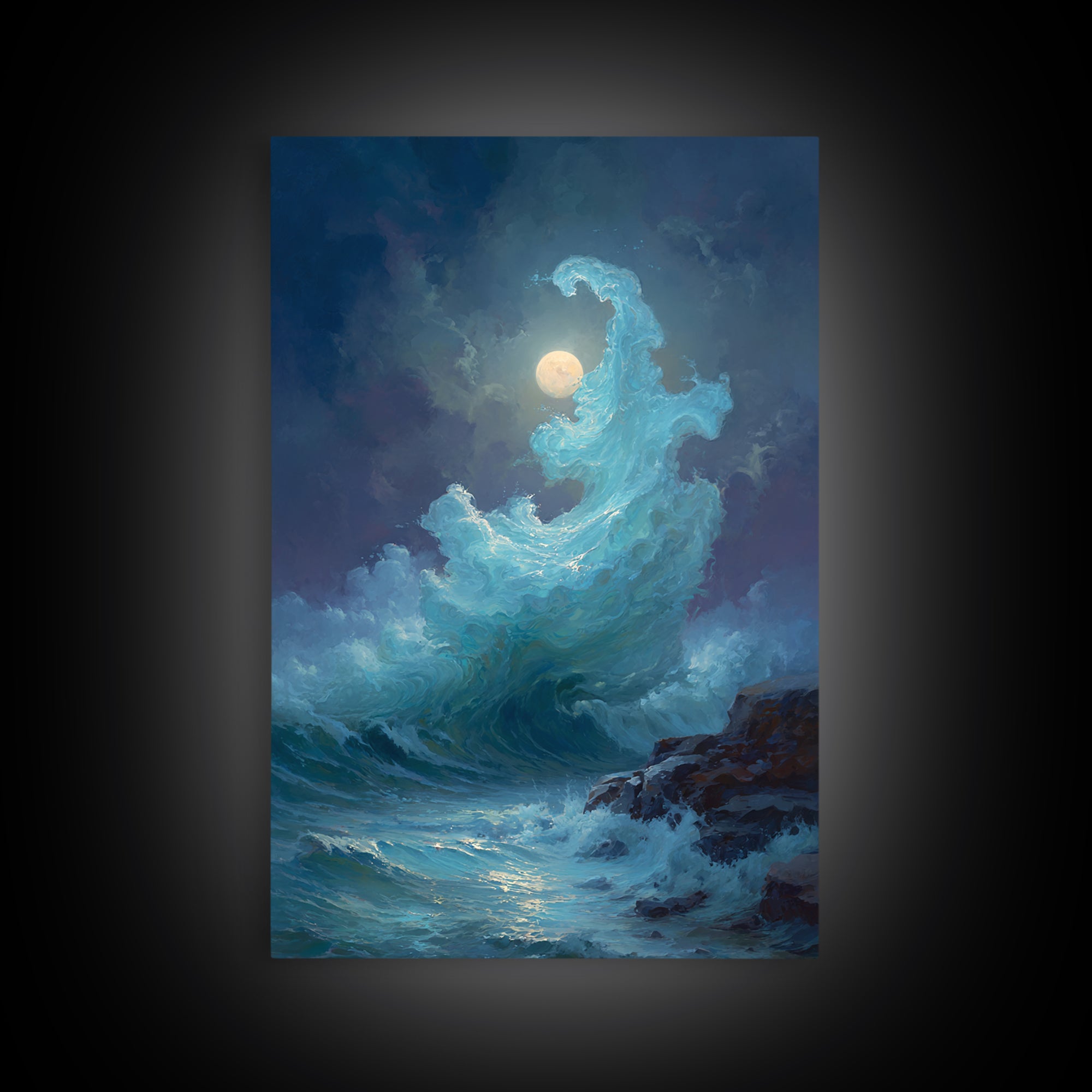 Moonlit Turquoise Wave Canvas Print, Dramatic Ocean Seascape Wall Decor, Coastal Fantasy Art For Bedroom And Living Room