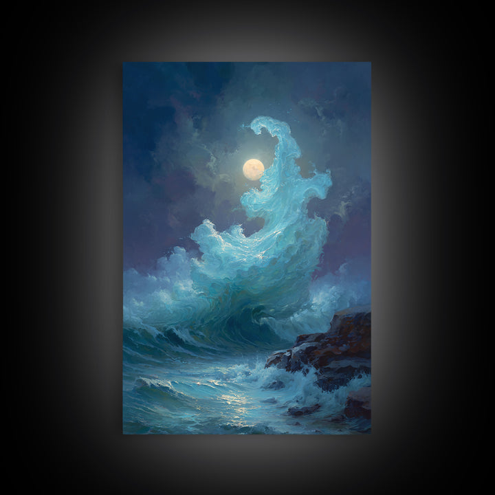 Moonlit Turquoise Wave Canvas Print, Dramatic Ocean Seascape Wall Decor, Coastal Fantasy Art For Bedroom And Living Room