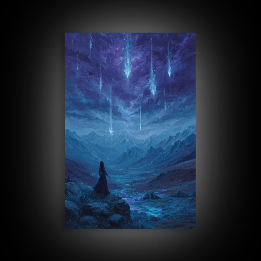 Celestial Meteor Valley Wall Art, Blue Mountain Fantasy Landscape, Mystical Night Sky Decor For Bedroom Or Office Canvas Print
