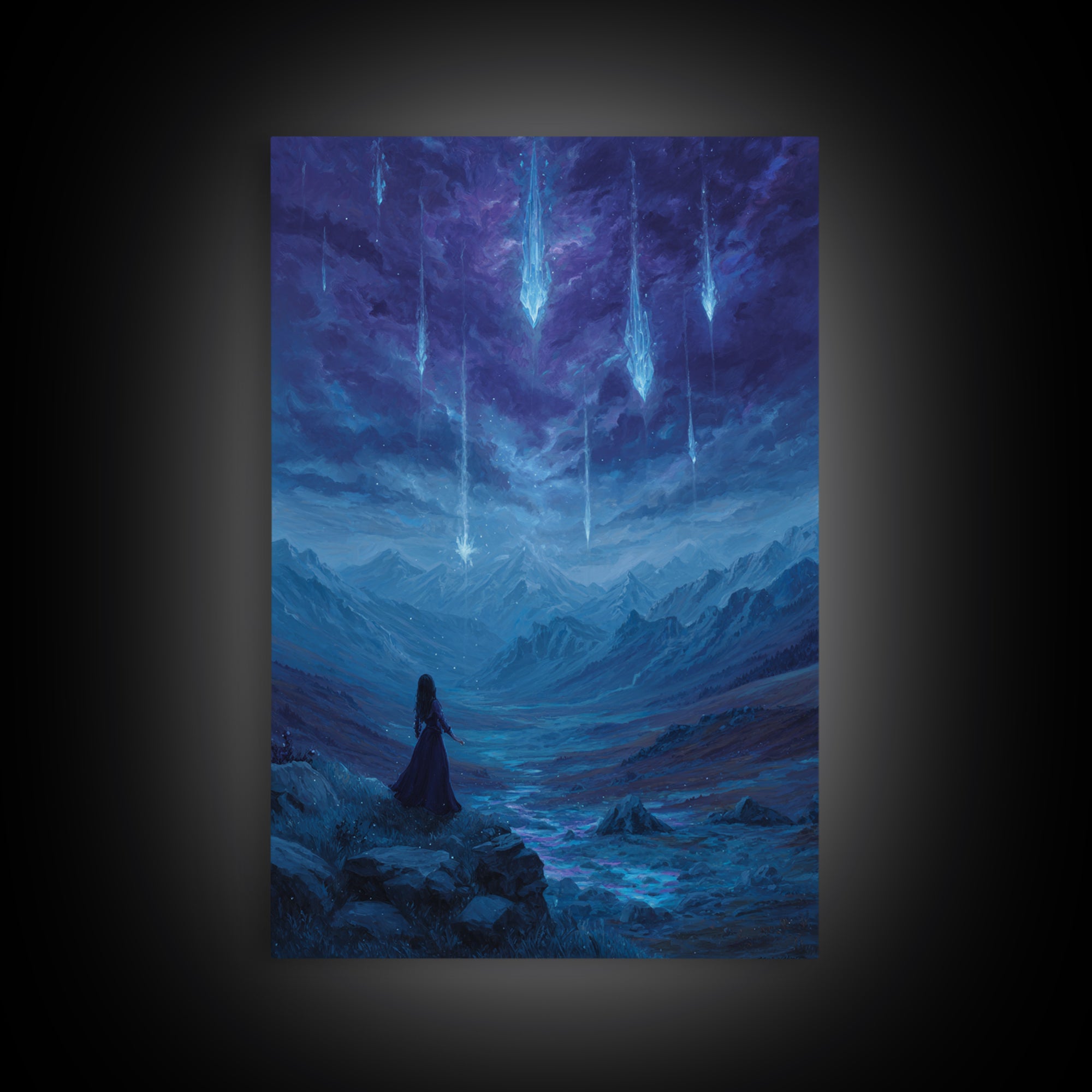 Celestial Meteor Valley Wall Art, Blue Mountain Fantasy Landscape, Mystical Night Sky Decor For Bedroom Or Office Canvas Print