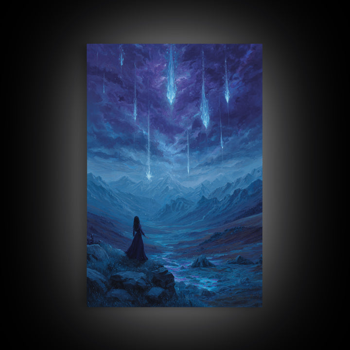 Celestial Meteor Valley Wall Art, Blue Mountain Fantasy Landscape, Mystical Night Sky Decor For Bedroom Or Office Canvas Print