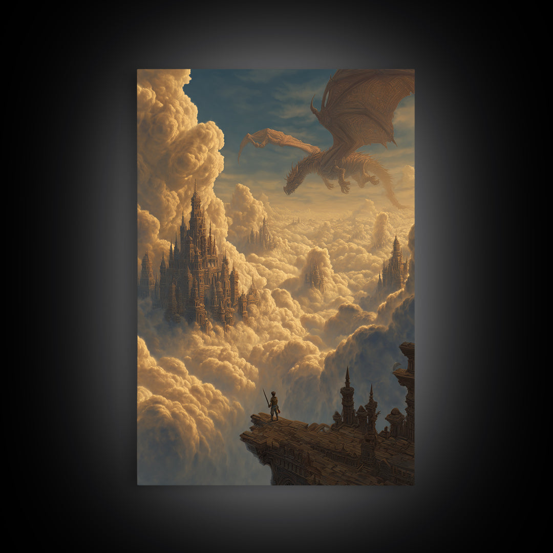 Dragon Over Cloud Kingdom Framed Canvas Print, Epic Fantasy Castle Wall Decor, Mythical Adventure Art For Gamer Room Gift