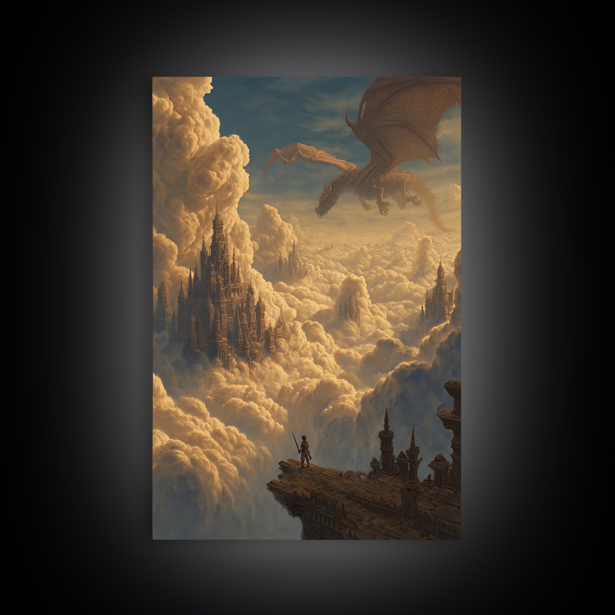 Dragon Over Cloud Kingdom Framed Canvas Print, Epic Fantasy Castle Wall Decor, Mythical Adventure Art For Gamer Room Gift