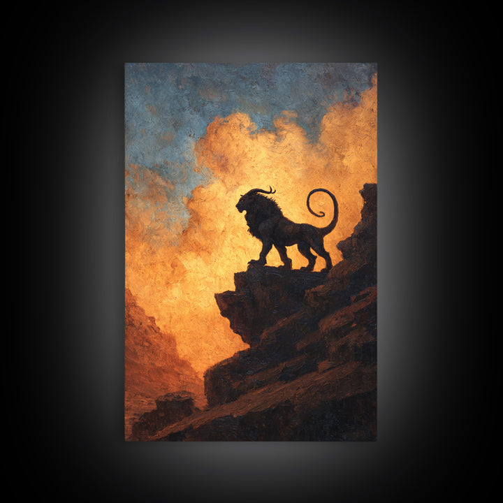 Black Lion On Sunset Cliff Canvas Print, Dramatic Wildlife Silhouette Wall Art, Rustic Safari Decor For Living Room Or Office