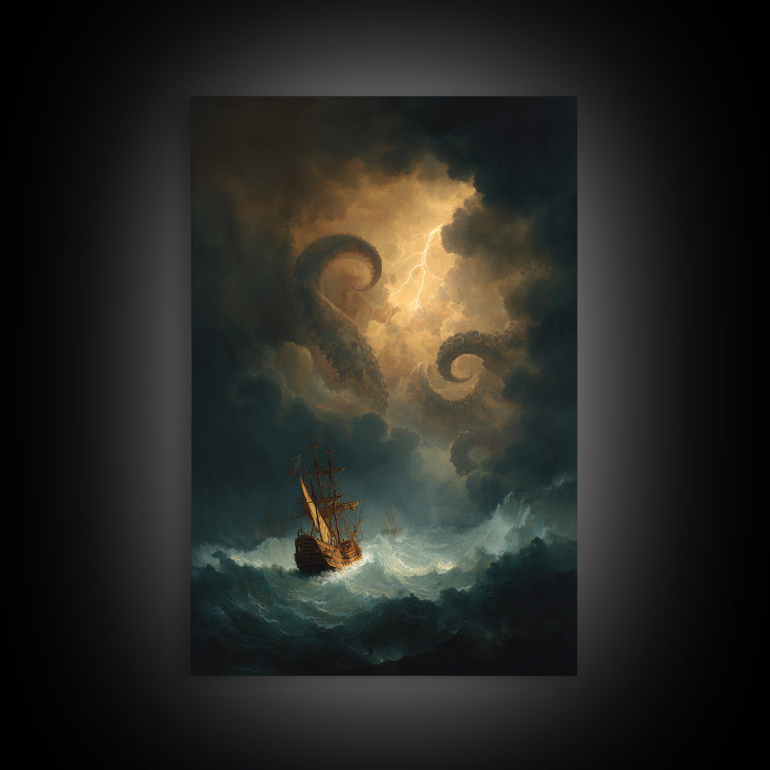 Kraken Sea Monster Wall Art, Stormy Ship Ocean Fantasy Painting, Dark Nautical Canvas Print For Gothic Coastal Decor Gift