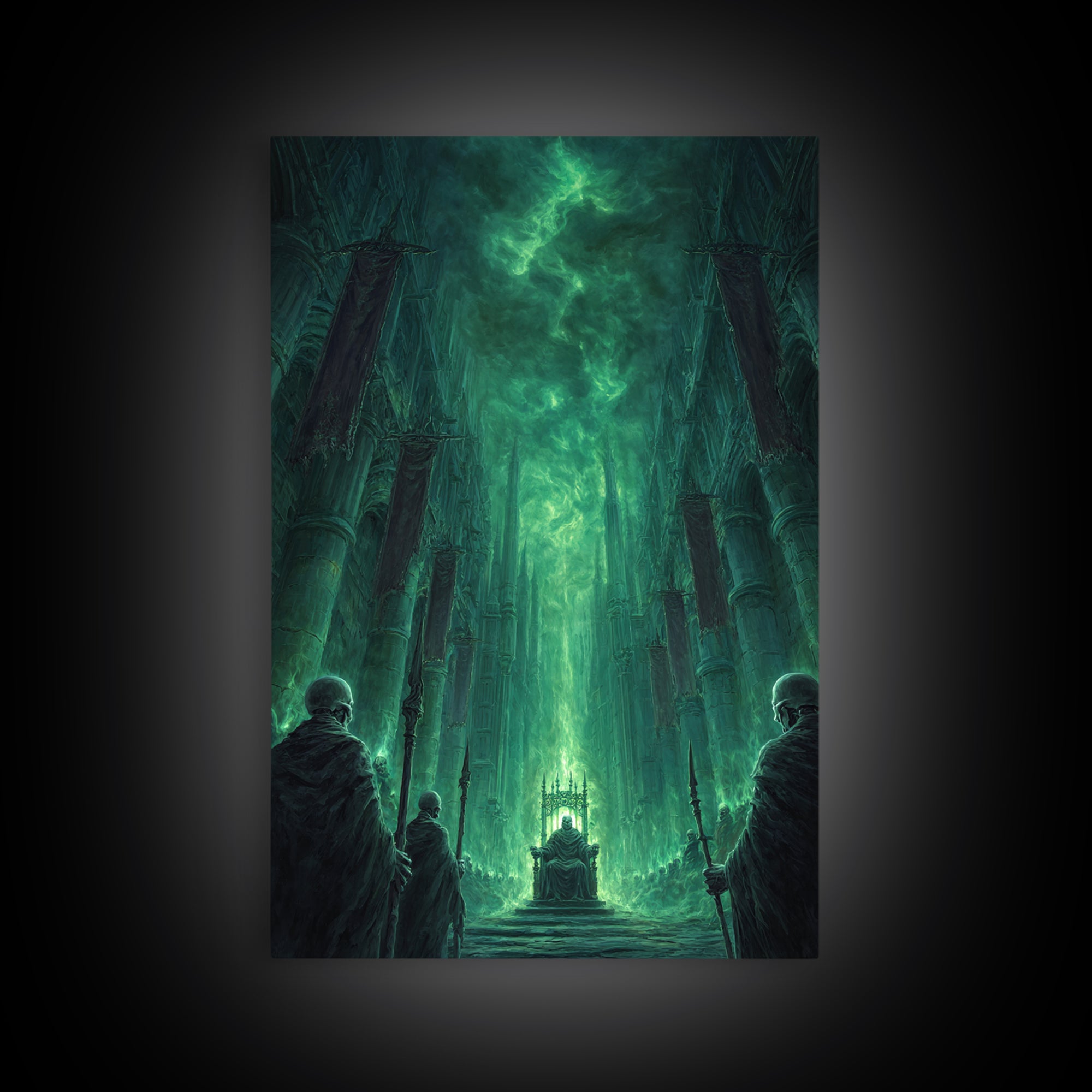 Emerald Gothic Throne Room Framed Canvas Print, Dark Fantasy Cathedral Wall Art, Moody Occult Decor For Office Or Library