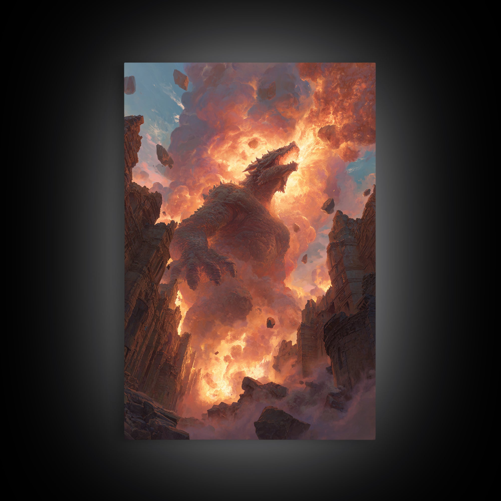 Titan Dragon Rising From Ruins Wall Art, Fiery Fantasy Monster Canvas Print, Epic Apocalyptic Decor For Gamer Room Gift