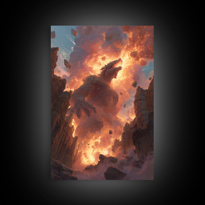 Titan Dragon Rising From Ruins Wall Art, Fiery Fantasy Monster Canvas Print, Epic Apocalyptic Decor For Gamer Room Gift