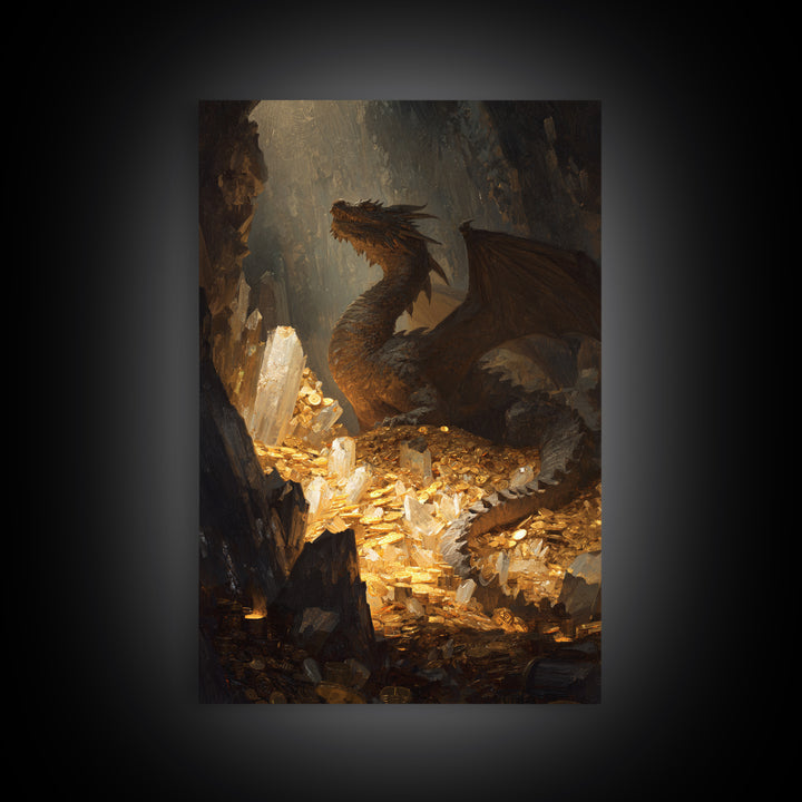 Dragon Guarding Crystal Treasure Framed Canvas Print, Dark Fantasy Cave Wall Art, Mythical Gold Hoard Decor For Gamer Room
