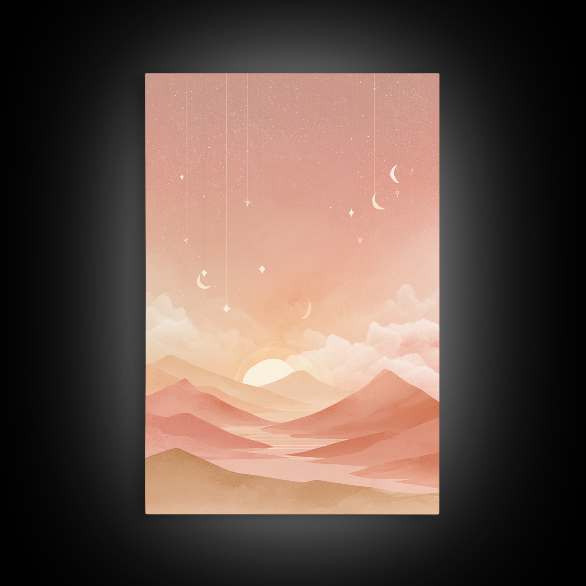 Peach Desert Sunrise Wall Art, Minimalist Moon Landscape Canvas, Boho Nursery Decor, Warm Neutral Bedroom Print Gift For Her