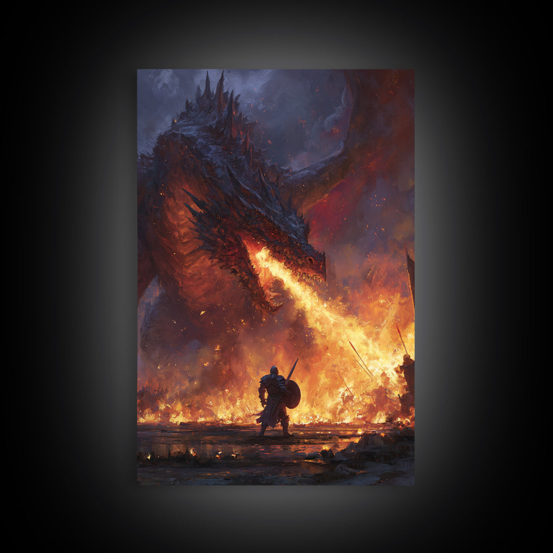 Fire Breathing Dragon Battle Wall Art, Dark Fantasy Canvas Print, Medieval Warrior Decor, Gothic Game Room Gift For Him Art