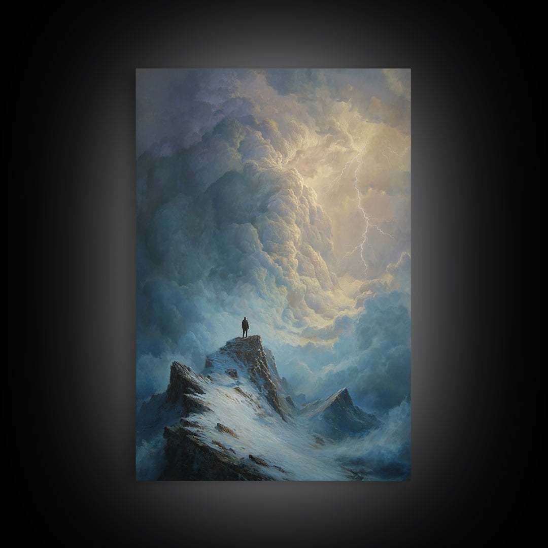 Lone Figure On Stormy Mountain Wall Art, Lightning Cloudscape Canvas Print, Moody Landscape Decor, Dark Academia Gift For Him