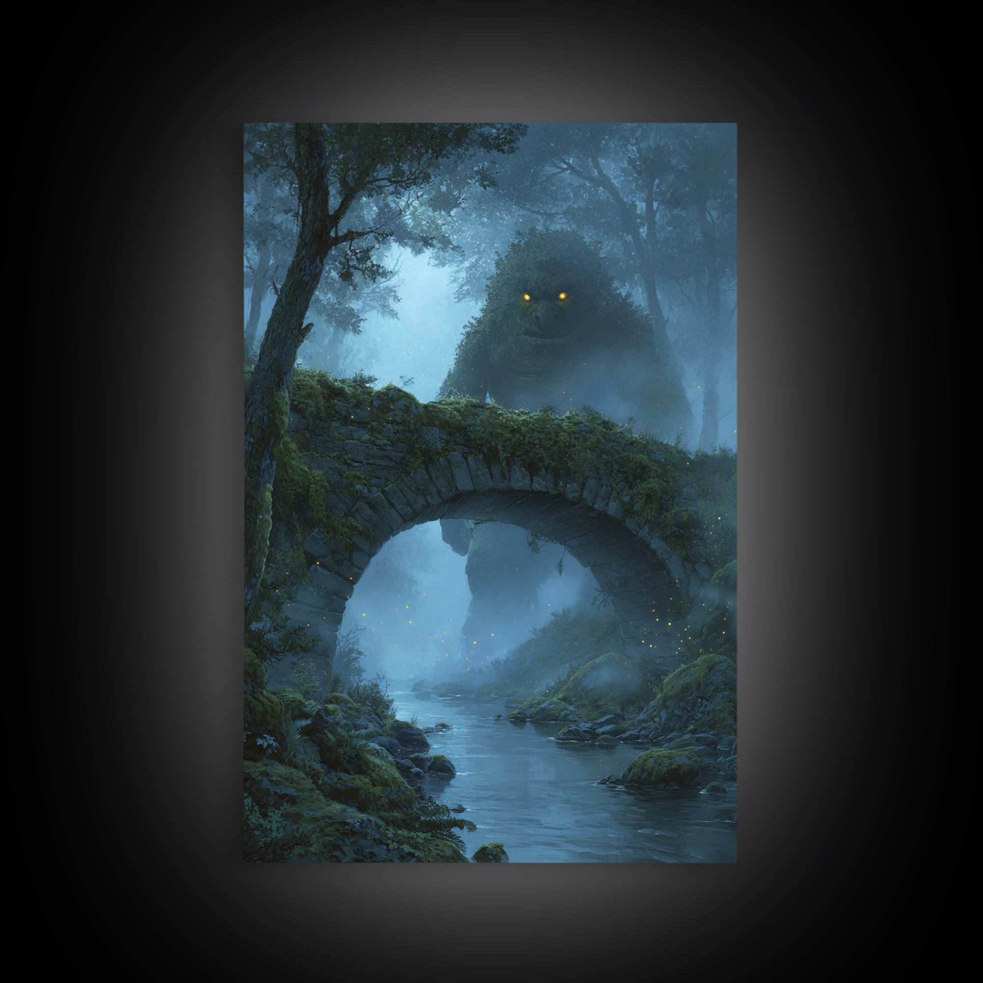 Glowing Eyed Forest Troll Wall Art, Enchanted Stone Bridge Canvas Print, Whimsical Fantasy Decor, Woodland Nursery Gift Art