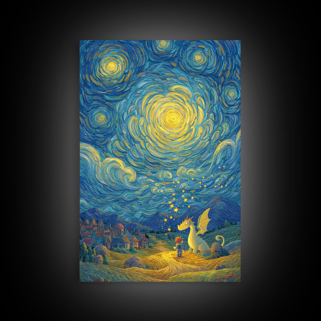 Star Swirled Child And Dragon Wall Art, Whimsical Fantasy Canvas Print, Nursery Decor, Celestial Kids Room Art Gift For Her