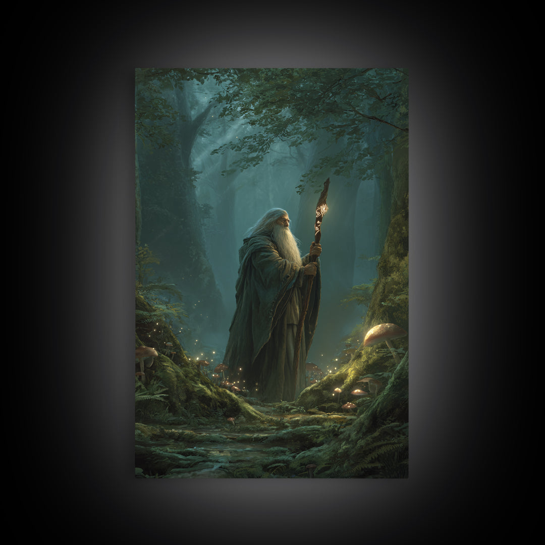 Ancient Wizard In Enchanted Forest Wall Art, Magical Mushroom Canvas Print, Dark Academia Fantasy Decor, Mystical Gift For Him