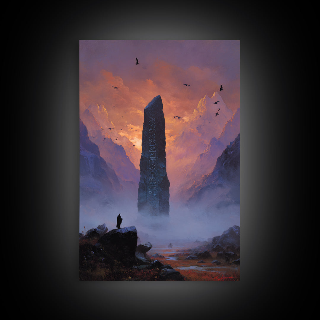 Misty Mountain Monolith Raven Large Canvas Print, Dark Fantasy Wall Art, Epic Landscape Art, Gothic Office Decor, Gift For Him