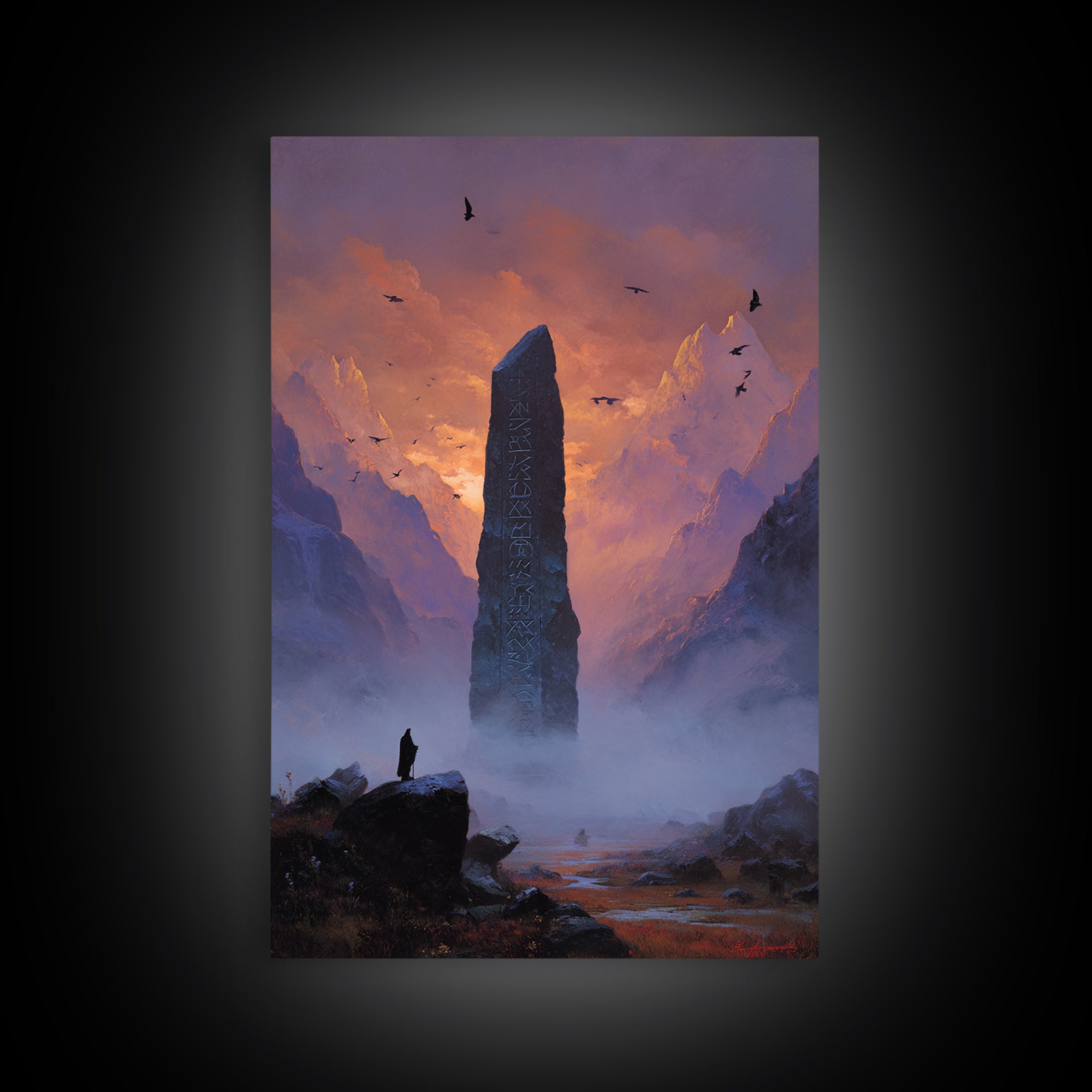 Misty Mountain Monolith Raven Large Canvas Print, Dark Fantasy Wall Art, Epic Landscape Art, Gothic Office Decor, Gift For Him