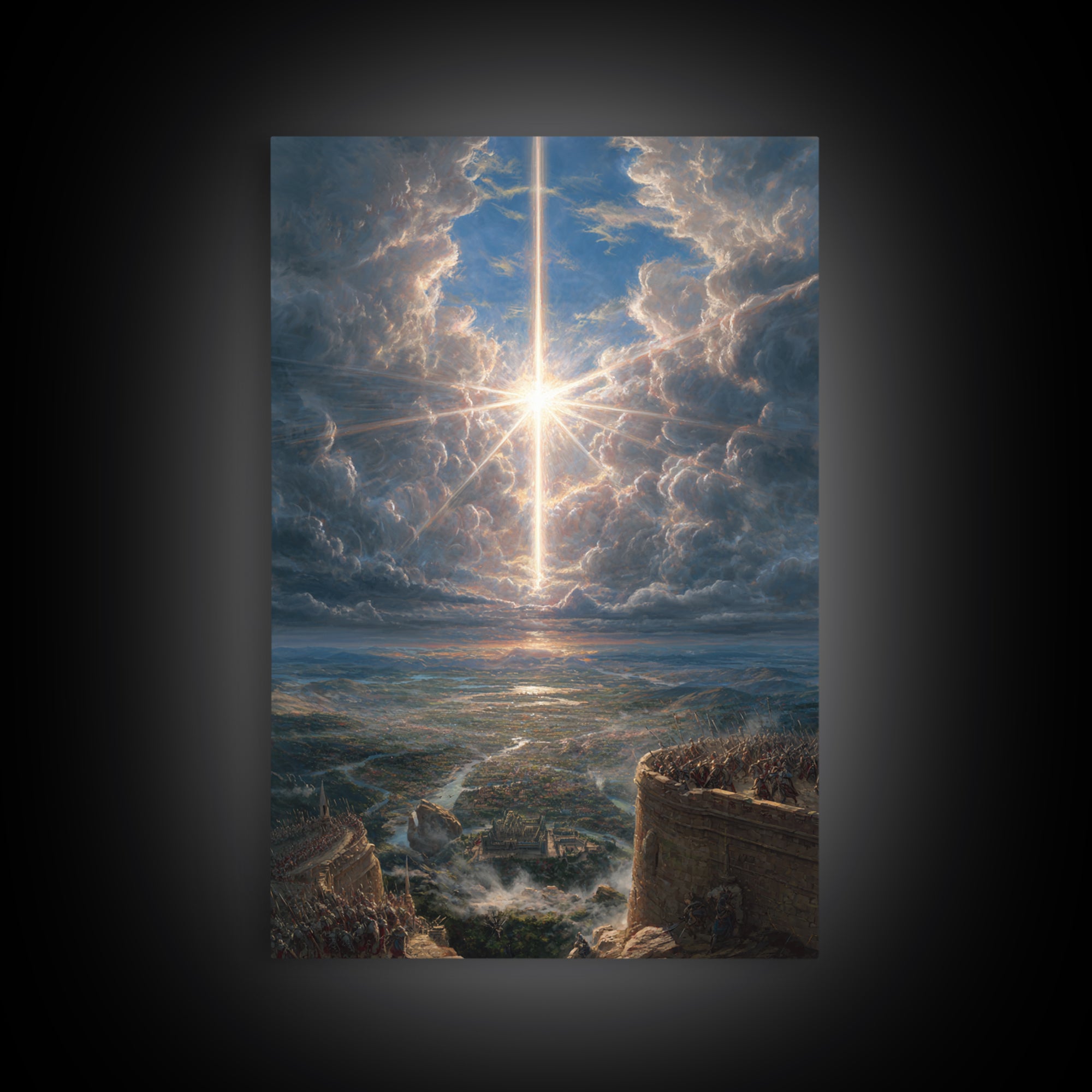 Radiant Cross In Storm Clouds Framed Canvas Print, Christian Wall Art, Celestial Landscape Art, Spiritual Home Decor Gift