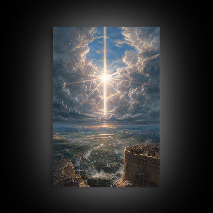 Radiant Cross In Storm Clouds Framed Canvas Print, Christian Wall Art, Celestial Landscape Art, Spiritual Home Decor Gift
