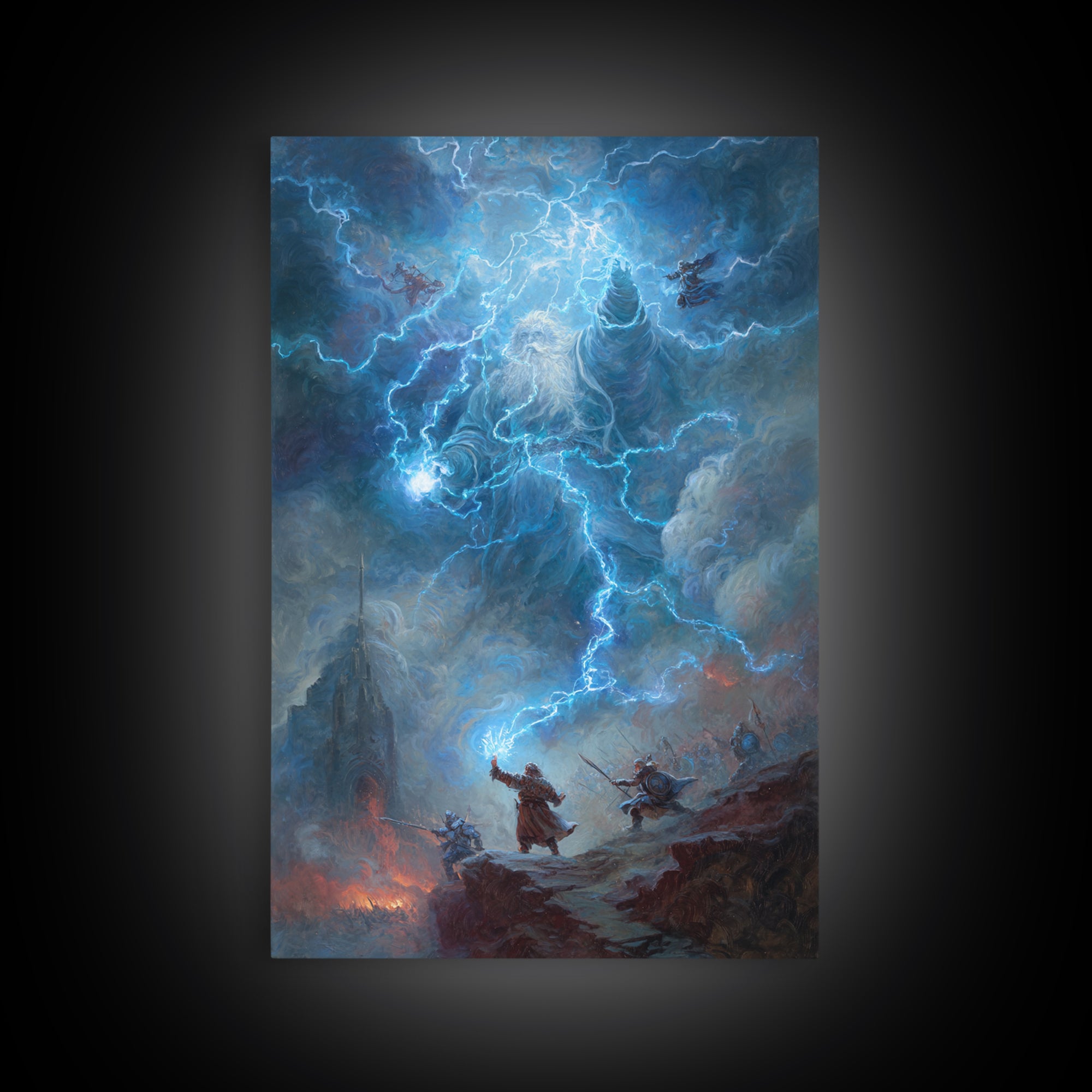 Electric Lightning Storm Giant Canvas Print, Dark Fantasy Wall Art, Epic Battle Painting, Mythological Art, Gothic Castle Decor