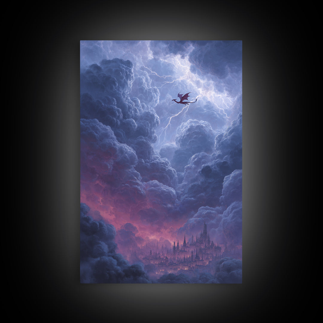 Dragon Over Cloud City Framed Canvas Print, Fantasy Wall Art, Stormy Castle Landscape, Gothic Nursery Decor, Gift For Him