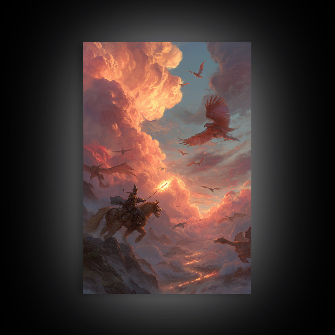 Knight And Phoenix Sunset Sky Battle Canvas Print, Fantasy Wall Art, Dragon Painting, Medieval Decor, Epic Statement Artwork