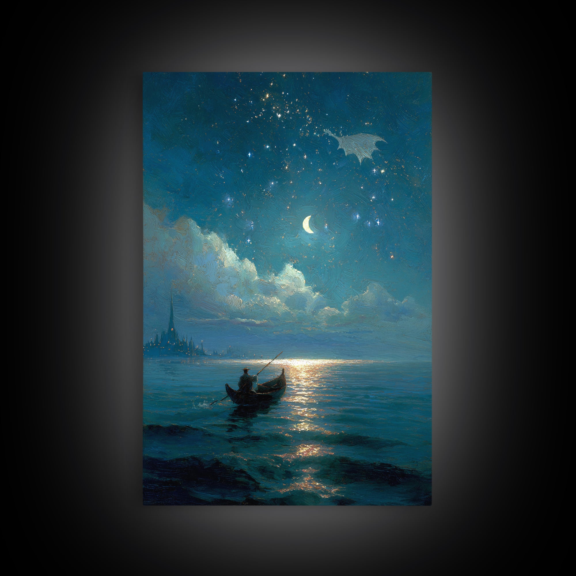 Moonlit Blue Boat And Castle Canvas Print, Celestial Wall Art, Fantasy Seascape Painting, Starry Night Decor, Gift For Her