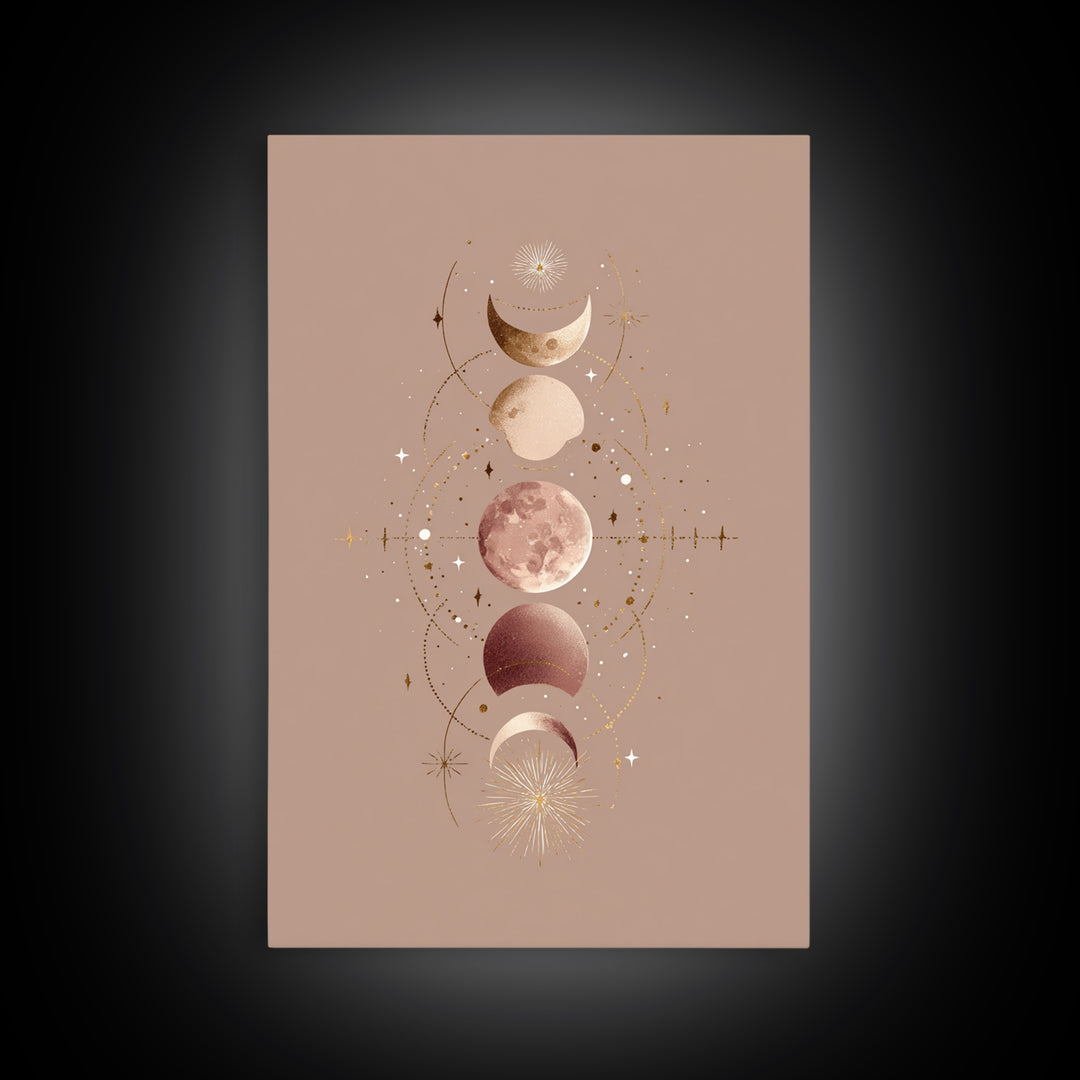 Moon Phases Celestial Wall Art, Taupe Boho Astrology Canvas, Mystical Lunar Decor, Minimalist Bedroom Print Gift For Her