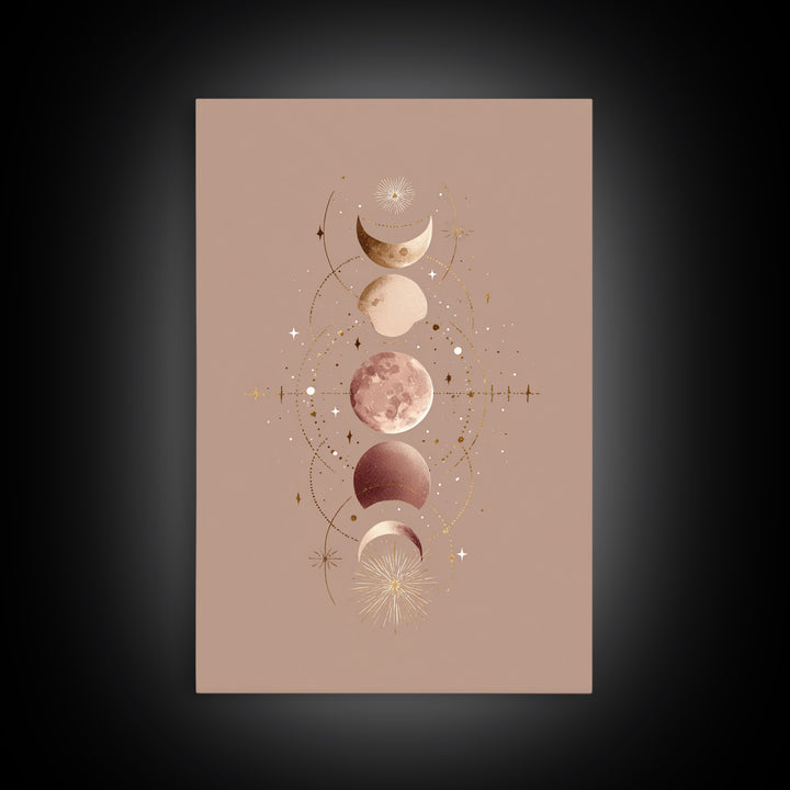 Moon Phases Celestial Wall Art, Taupe Boho Astrology Canvas, Mystical Lunar Decor, Minimalist Bedroom Print Gift For Her