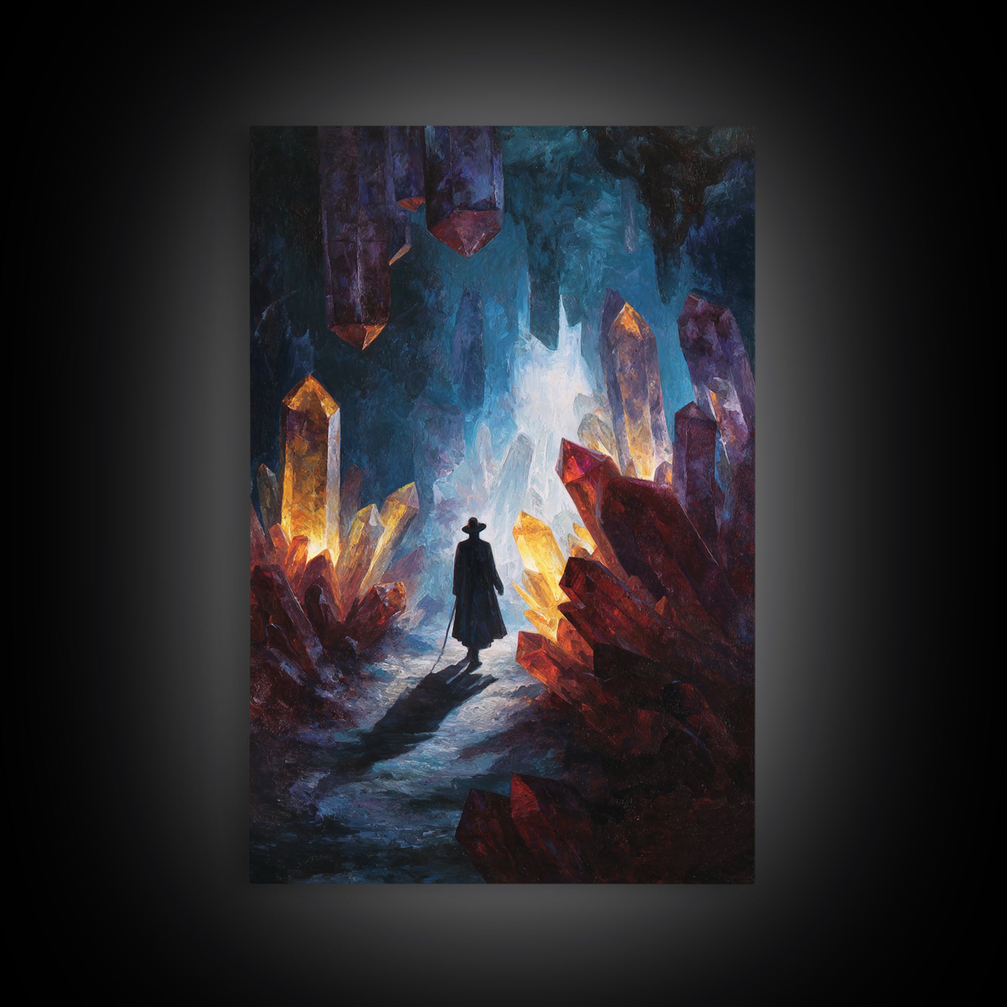 Glowing Crystal Cave Explorer Canvas Print, Fantasy Wall Art, Mystical Gemstone Cavern, Dark Academia Home Decor Gift For Him