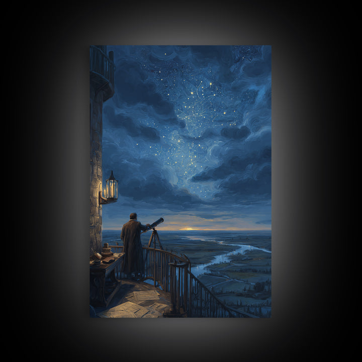 Stargazer Observatory Balcony Canvas Print, Celestial Wall Art, Astronomy Poster, Night Sky Decor, Gift For Space Lover Decor