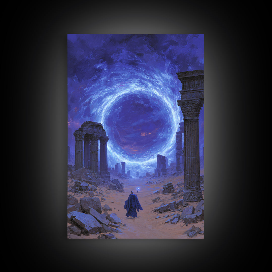 Ancient Ruins Blue Portal Canvas Print, Fantasy Wall Art, Magical Desert Landscape, Wizard Decor, Surreal Home Decor Gift