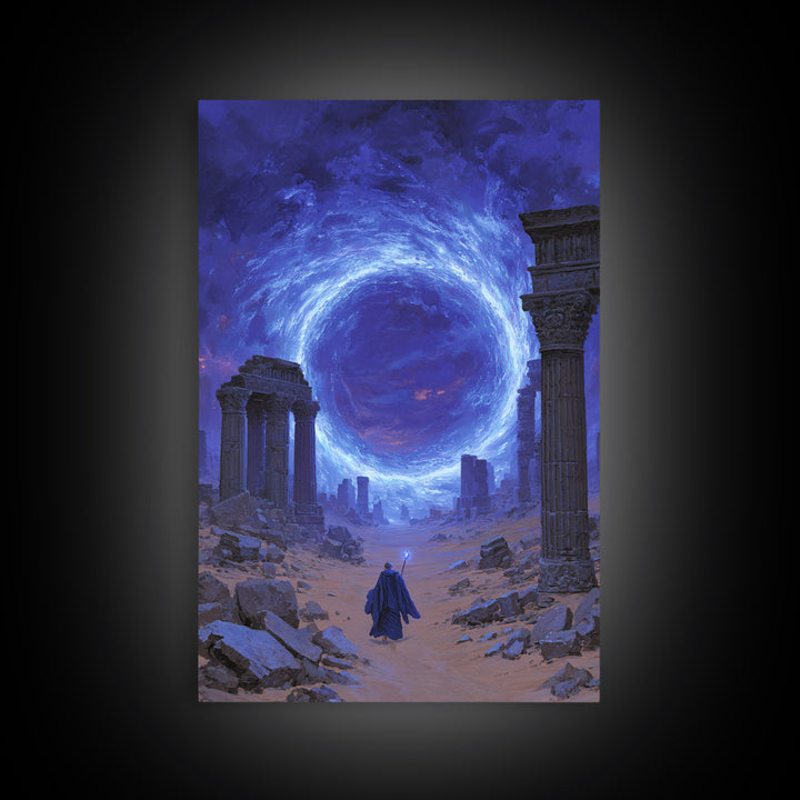 Ancient Ruins Blue Portal Canvas Print, Fantasy Wall Art, Magical Desert Landscape, Wizard Decor, Surreal Home Decor Gift