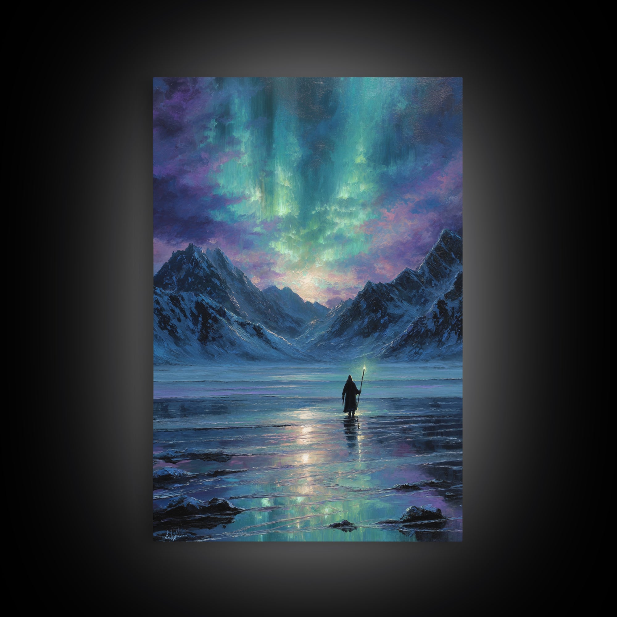 Northern Lights Mountain Lake Canvas Print, Aurora Wall Art, Fantasy Landscape Painting, Nordic Decor, Calming Home Decor Gift