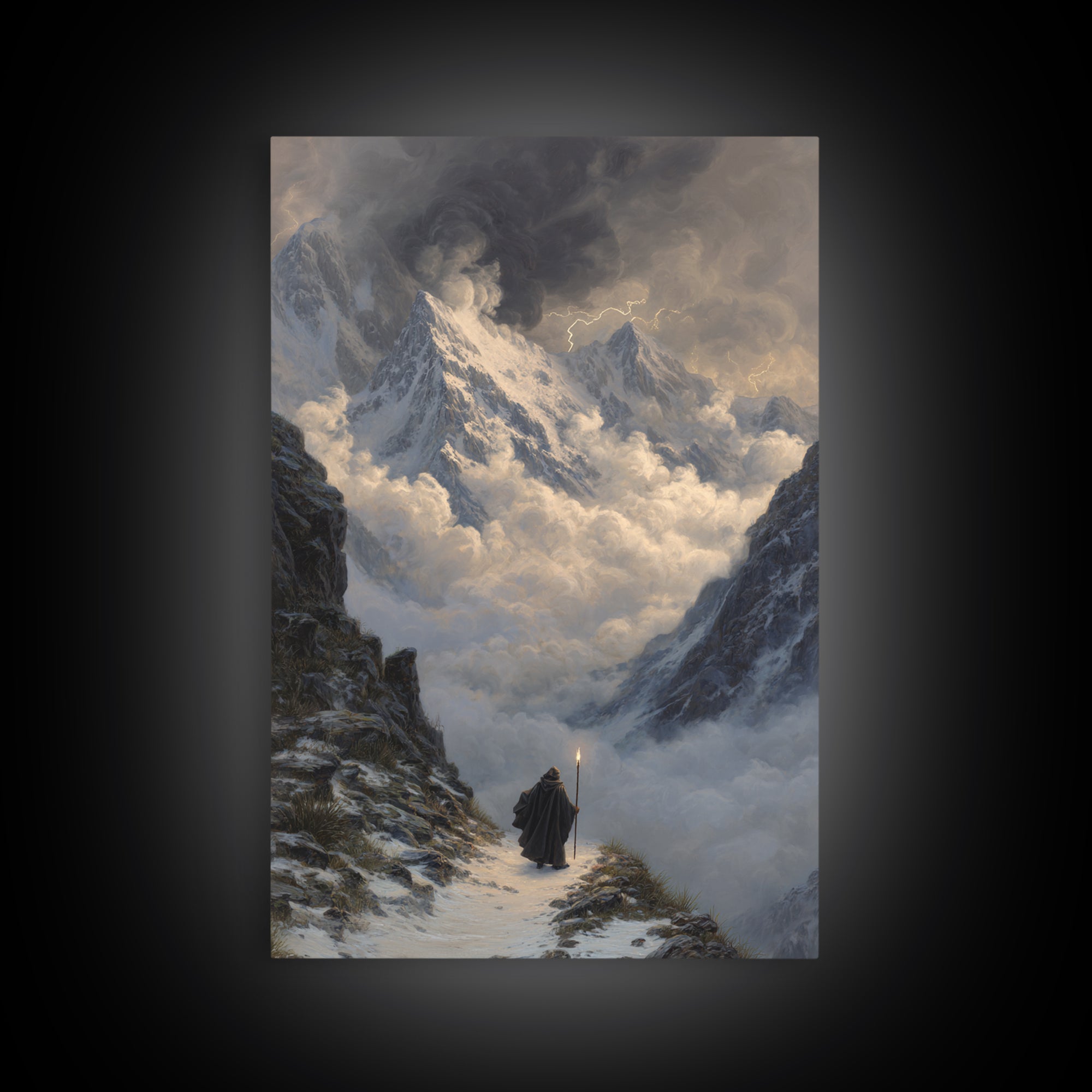 Stormy Snow Mountain Pass Canvas Print, Fantasy Wall Art, Moody Landscape Painting, Adventure Decor, Dramatic Home Decor