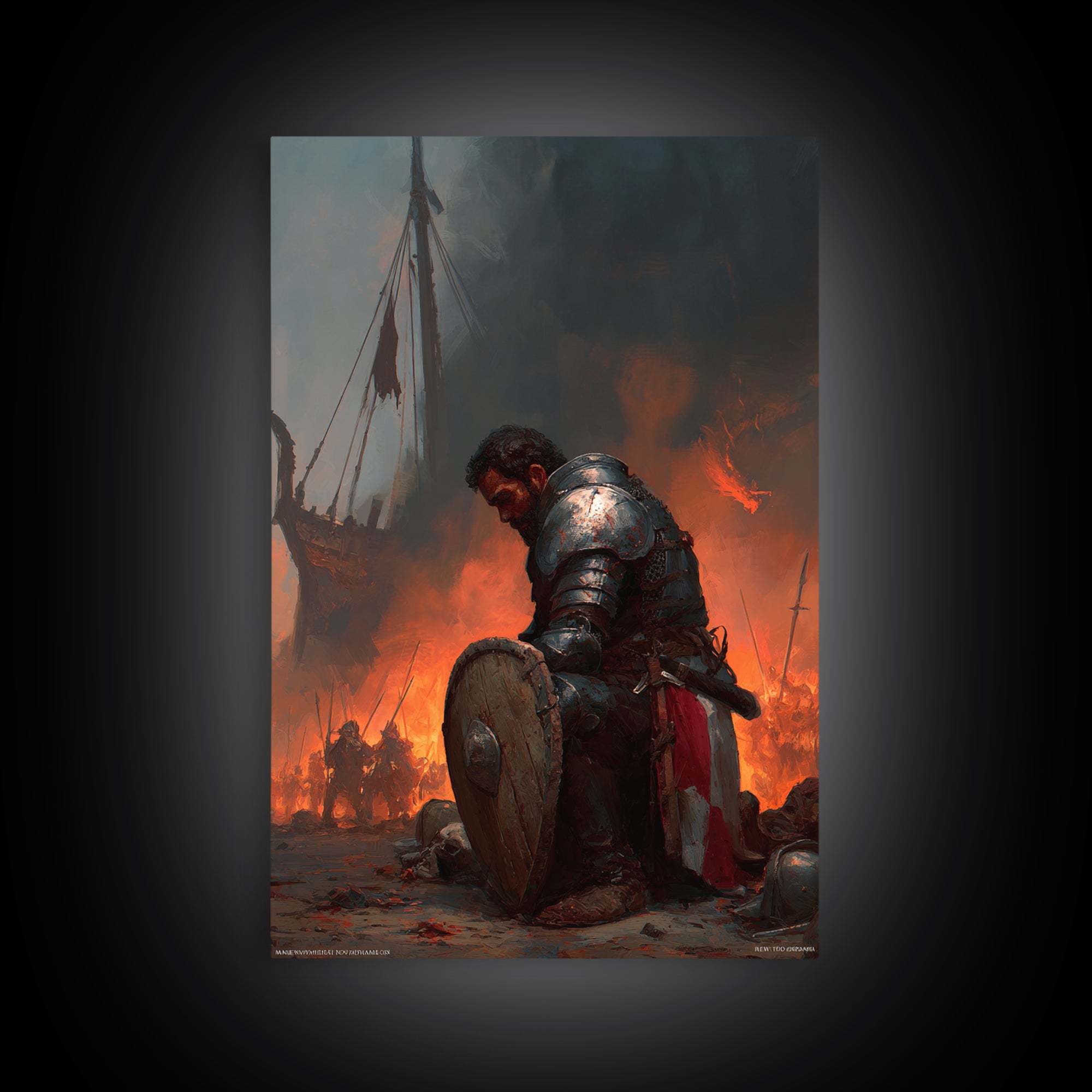 Kneeling Armored Warrior Canvas Print, Dark Fantasy Wall Art, Medieval Battle Scene, Viking Decor, Gift For Him Home Decor