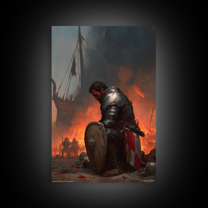 Kneeling Armored Warrior Canvas Print, Dark Fantasy Wall Art, Medieval Battle Scene, Viking Decor, Gift For Him Home Decor